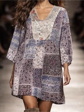 🌹NWT Medium  Blue Bohemian Cowl Neck 3/4 Sleeve Summer Sheer light  Dress